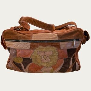 Bohemian 70's Leather& Suede Patchwork Duffle Satchel Shoulder Bag Lion Motif